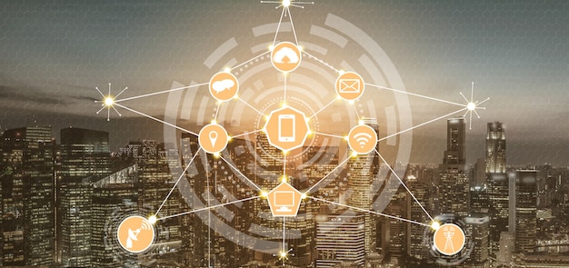 A visualization of different federal agencies interconnected through a network, with AI algorithms powering data analysis and regulatory compliance.