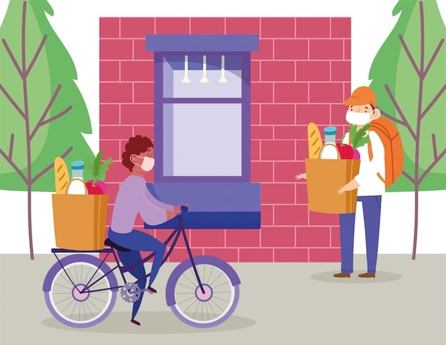 A person delivering food on a bicycle in a busy urban environment, representing a typical gig worker.