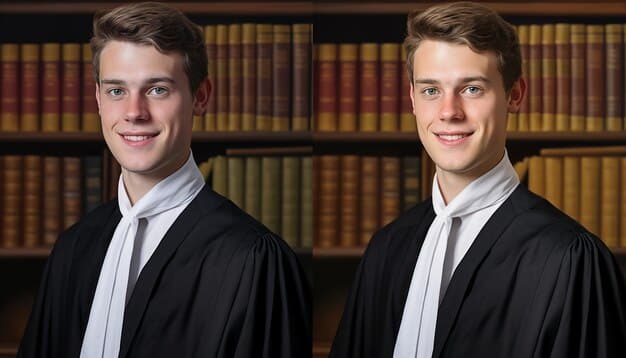 A split image showing a law school graduation photo on one side and a courtroom scene on the other, symbolizing the educational background and professional experience of a Supreme Court nominee. The law school image should depict a graduate receiving their diploma, while the courtroom scene should show a judge presiding over a case.