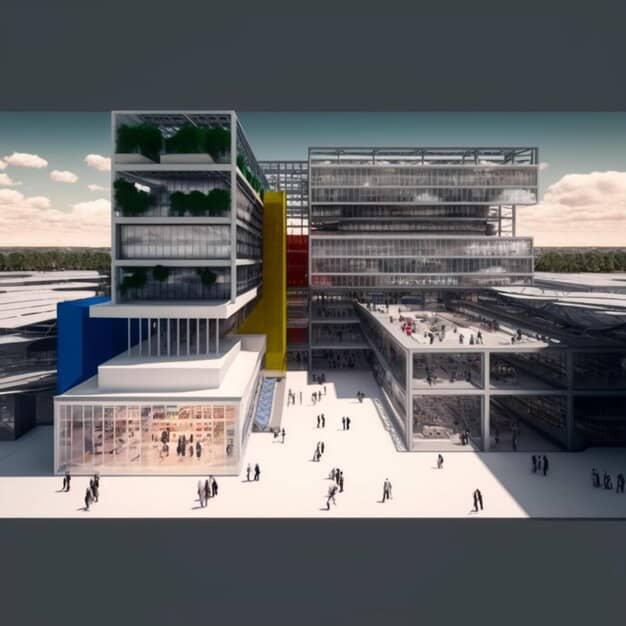 An architectural rendering of a mixed-use development project, including retail spaces on the ground floor and residential units above. This represents diversification and potential rental income.