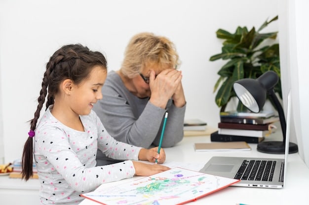 A frustrated-looking parent sitting at a desk with bills piled up, highlighting the financial strain of childcare costs. A child's drawing is visible on the desk, emphasizing the connection to family.