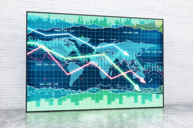 A digital display showing a fluctuating inflation rate graph with an arrow pointing to a 2.8% mark, with various news headlines related to economic forecasts and market analysis in the background.