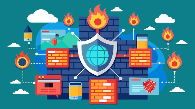 A graphic illustrating a layered security system with various elements like firewalls, encryption, and intrusion detection systems, all protecting a central database represented by a globe. Text annotations highlight key security technologies.
