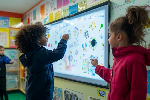 Students in elementary school using tablets and interactive whiteboards during a math lesson, showcasing interactive learning and digital resources.
