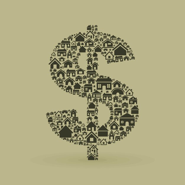 A close-up of the US dollar bill with silhouettes of houses in the background, representing the connection between currency value and the housing market.