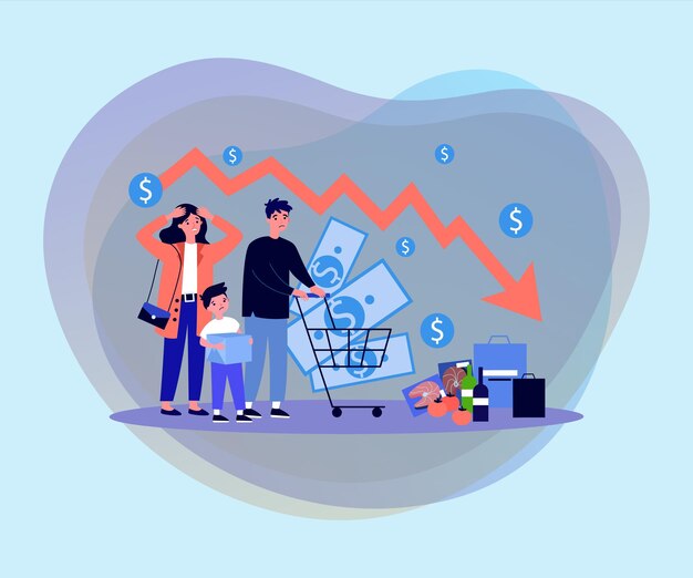 A visual representation of inflation, showing rising prices of common goods and services, with a calculator and worried faces indicating the impact on consumers.